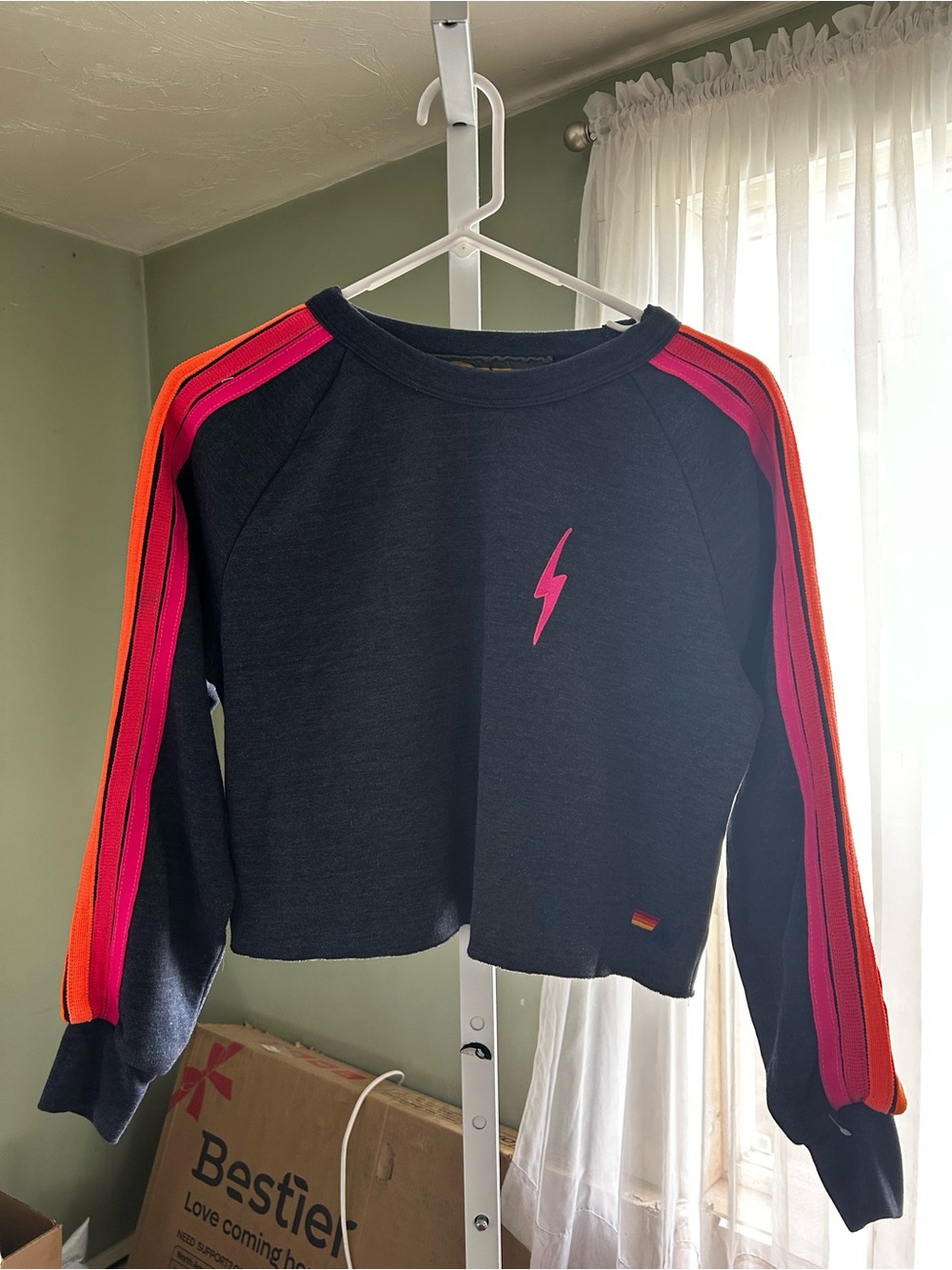 Aviator Nation Cropped Embroidered Bolt crewneck sweatshirt with Neon stripes